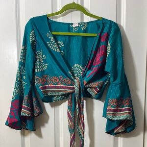 Teal and Pink Floral Wrap Top Boho/Indian